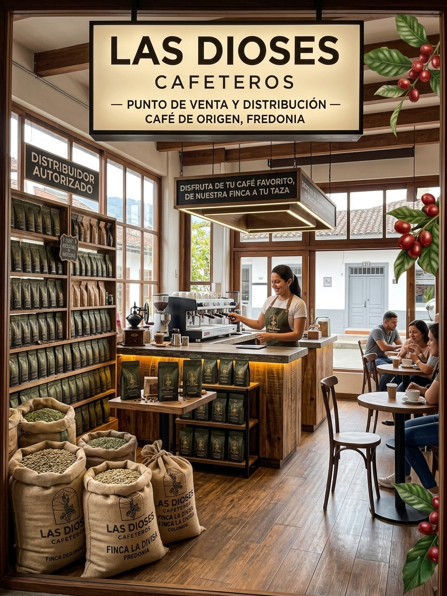 Interior de tienda Los Dioses Cafeteros — yute y barra de madera